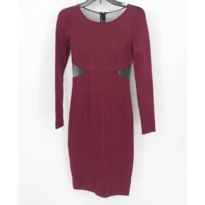 Babaton Womens Bodycon Dress Size 4 Burgundy Sheer Panel Round Neck Long Sleeve